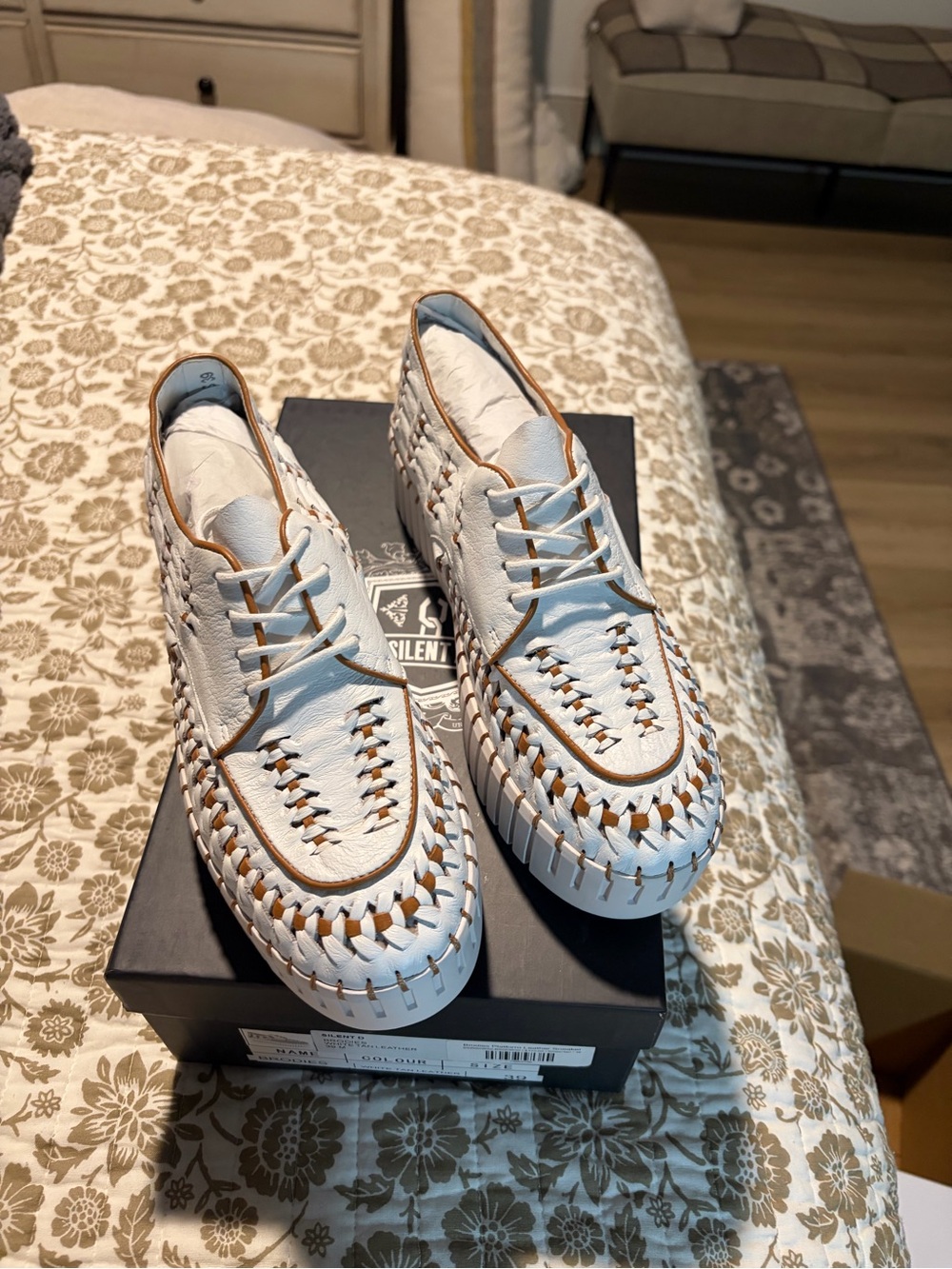 Woven Leather Platform Sneakers - White with Tan Trim